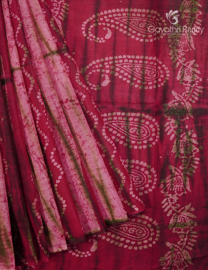 Cotton Batik Print Saree in Deep Pink and Onion Pink