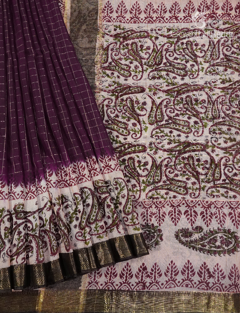 Mangalgiri Kalamkari Saree in Deep Maroon and Ivory
