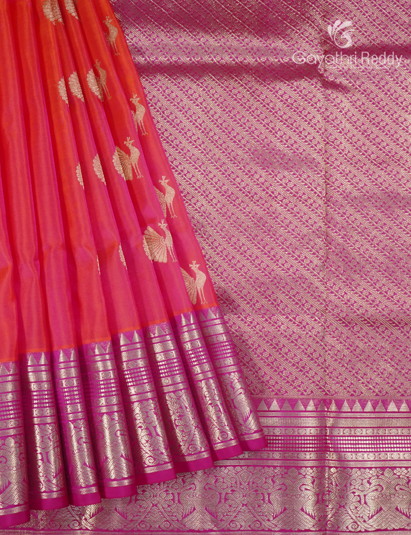Pure Venkatagiri Silk Saree in Orange and Rani Pink