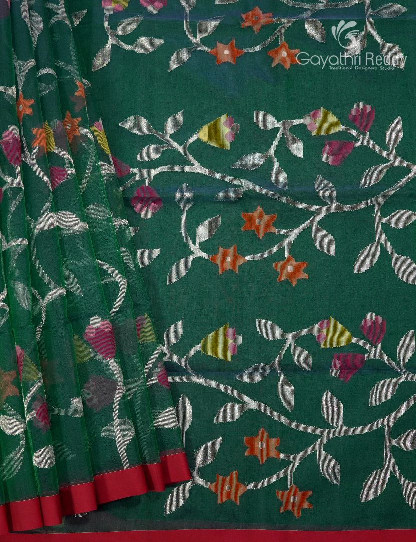 Pure Jamdani Kora Saree in Deep Rama Green