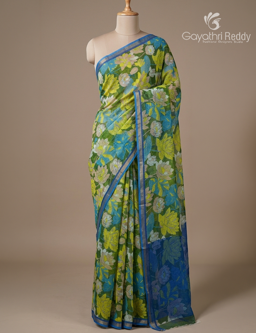 Premium Quality Cotton Kota Saree in Mehendi Green and Blue