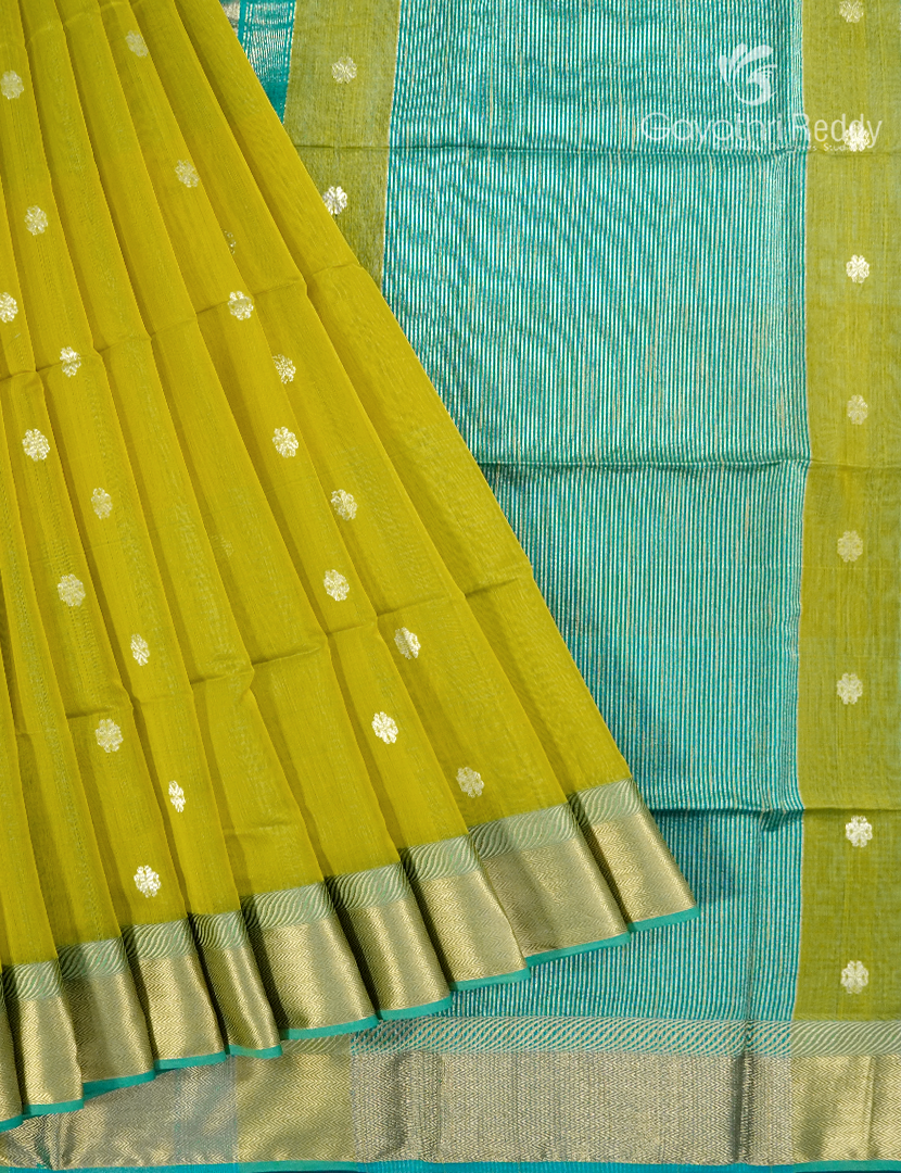 Pure Chanderi Sico Saree in Leaf Green and Sea Blue