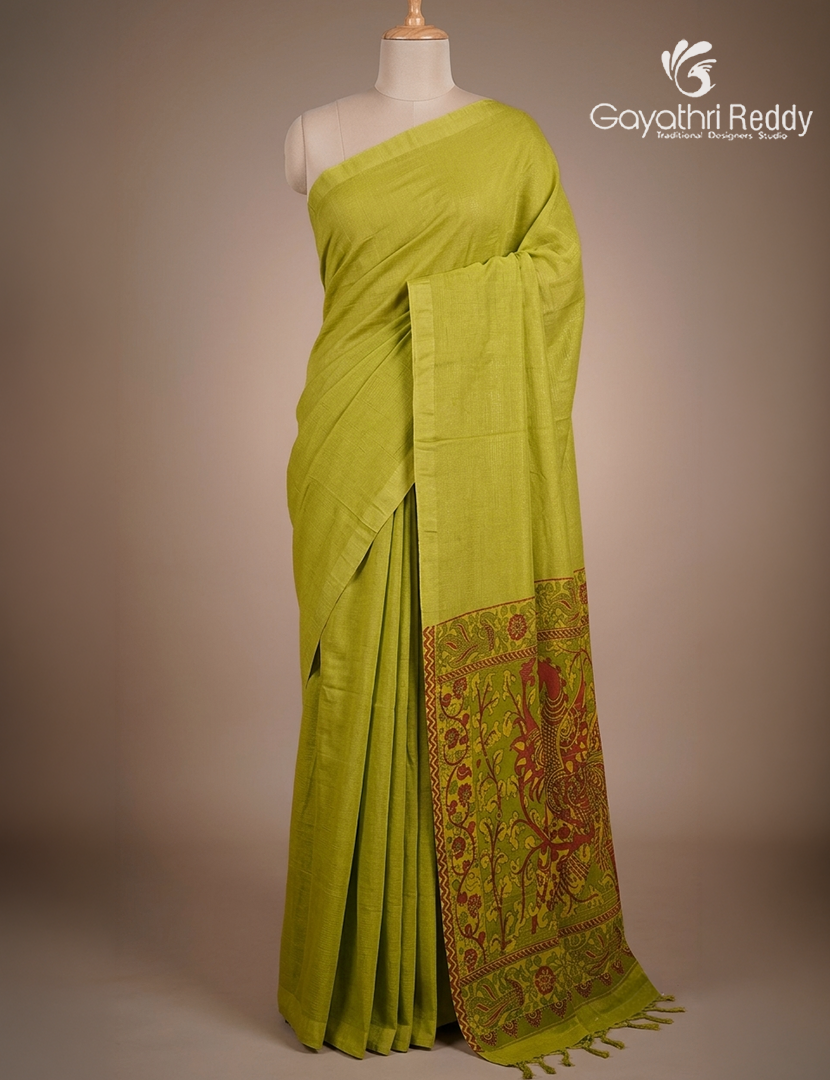 Pure Munga Silk Saree in Lime Green