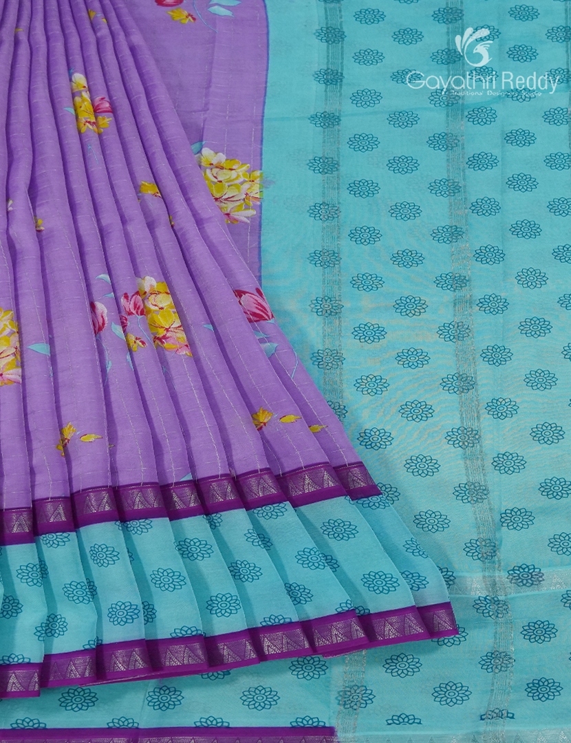 Mangalgiri Printed Saree in Lavender and Sea Blue