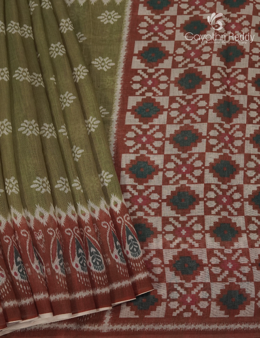 Linen Cotton Saree in Olive Green
