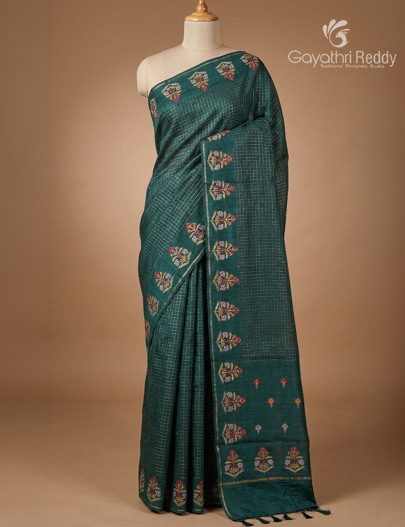Semi Tussar Fancy Saree in Deep Rama Green