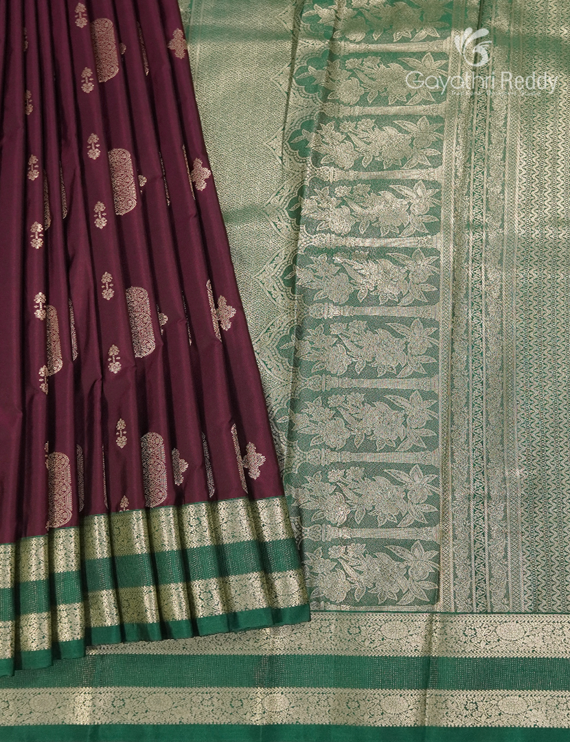 Semi Kanchipuram Art Silk Saree in Deep Maroon and Green