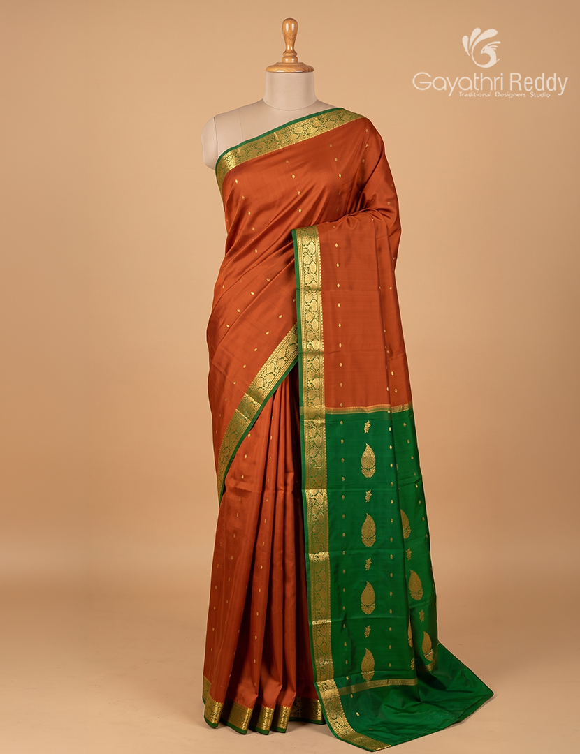 Pure Mysore Silk Saree in Burnt Orange and Mango Green