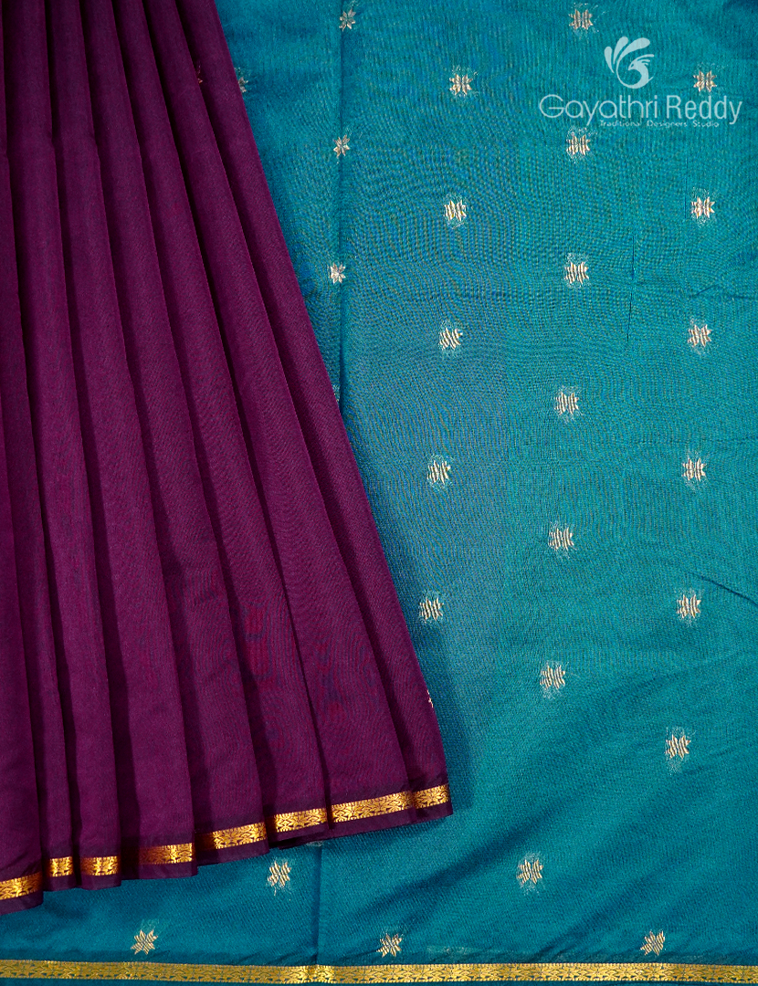 Silk Cotton Saree in Deep Purple and Sea Blue