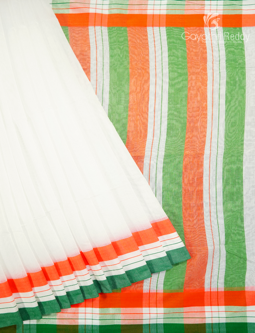 Tant Cotton  Saree in White with Tirangaa Border Independence Day Special