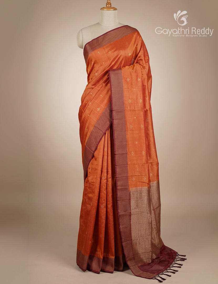 Pure  Kanchipuram Light Weight Silk Saree in Rust Orange and Brown