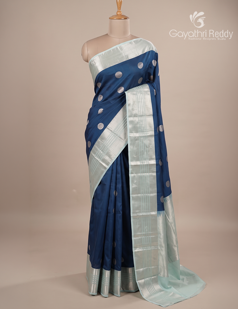 Pure Kanchipuram Vintage Silk Saree in Deep Peacock Blue and Pastel Sea Blue