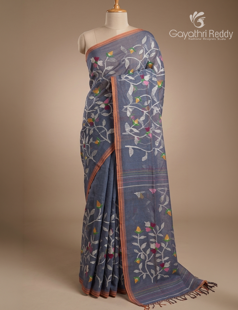 Pure Jamdani Kora Saree in Ash Grey