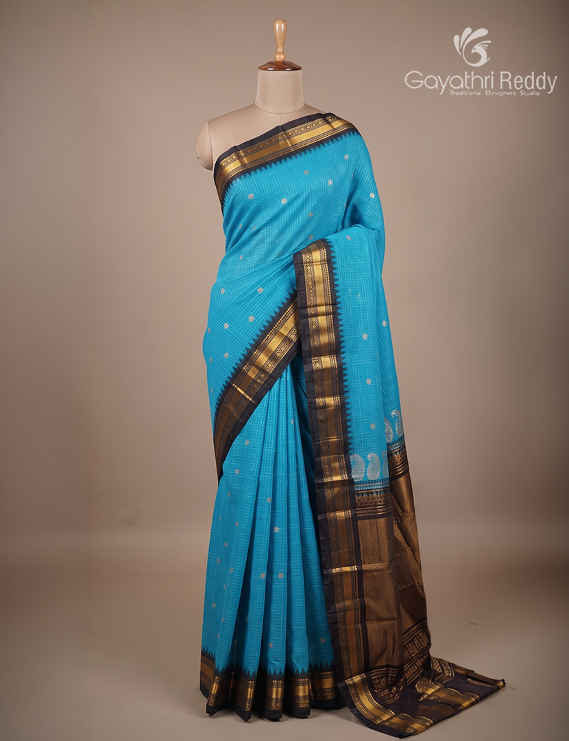 Pure Gadwal Cotton Saree in Blue and Black