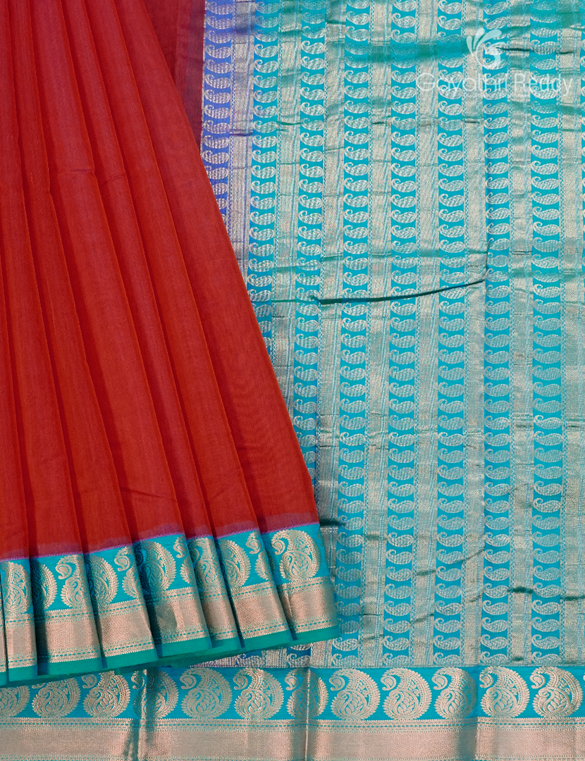 Pure Kanchi Sico Saree in Red and Sky Blue