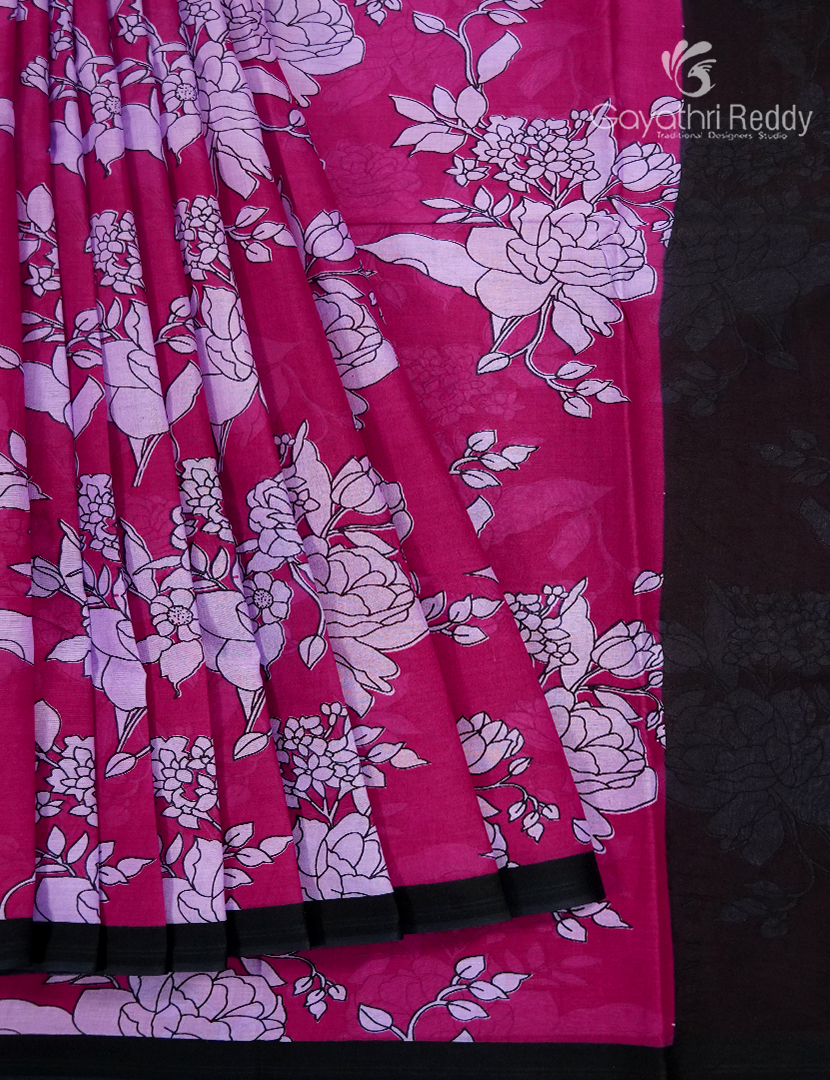 Pure MulMul Cotton Saree in Deep Magenta and Black