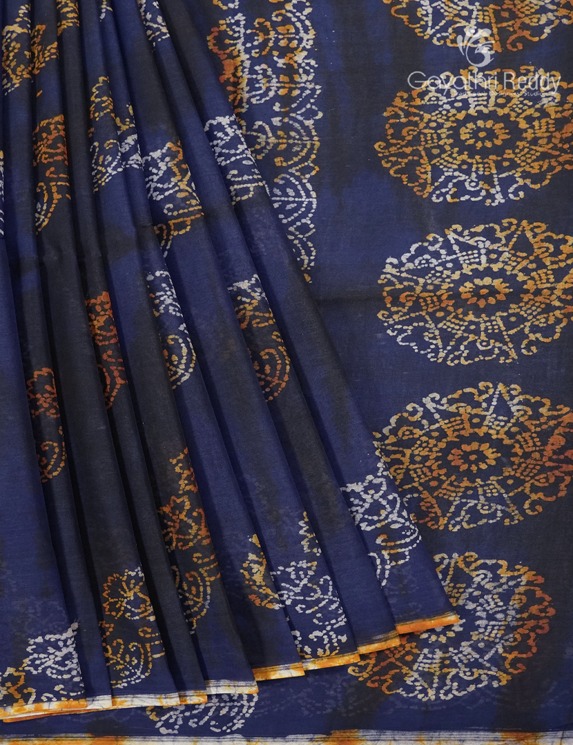 Cotton Batik Print Saree in Navy Blue