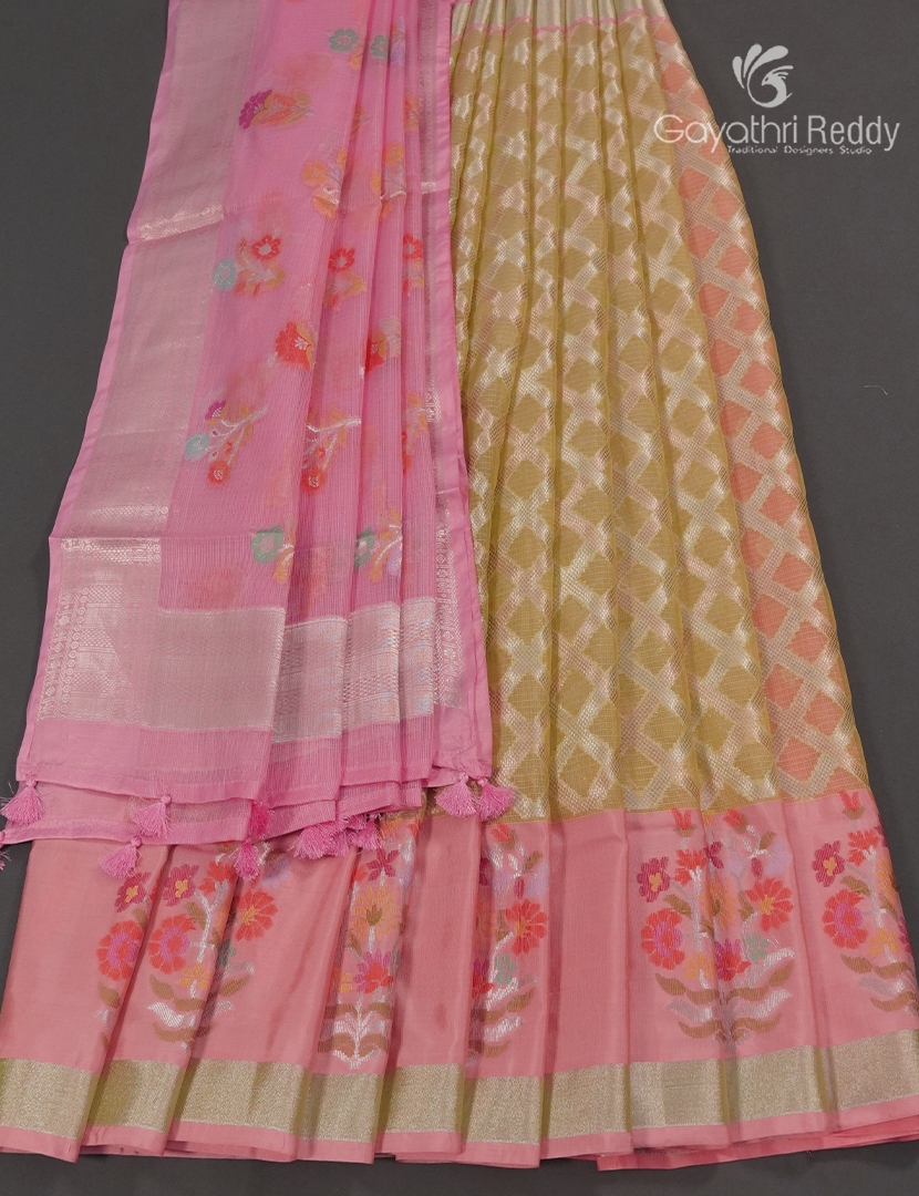 Banaras Kota Lehanga Set in Dry Mehendi and Baby Pink