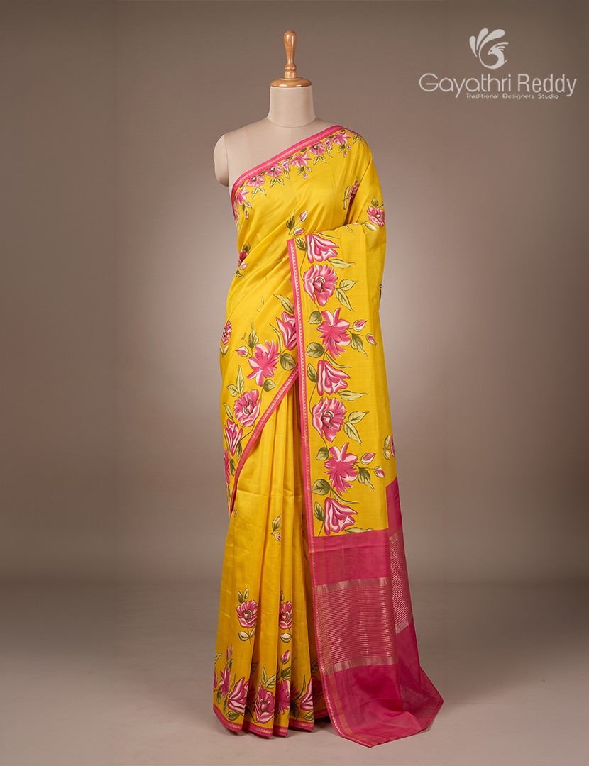 Pure Maheshwari Silk Saree in Mango Yellow and Rani Pink