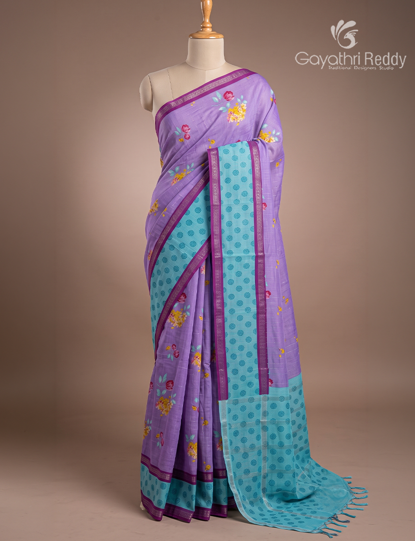Mangalgiri Printed Saree in Lavender and Sea Blue