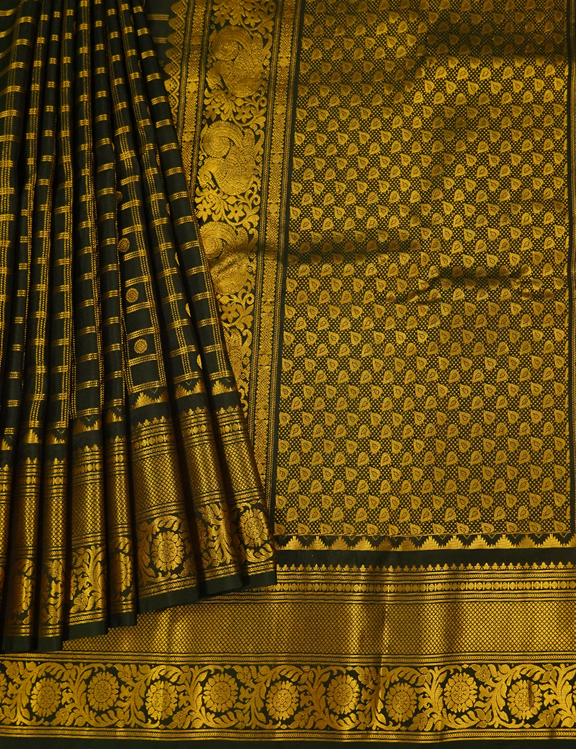 Pure Gadwal Silk Saree in Deep Olive Green