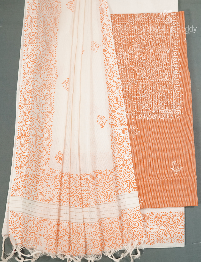 Cotton Dress Material Printed in Pastel Peach and Cream