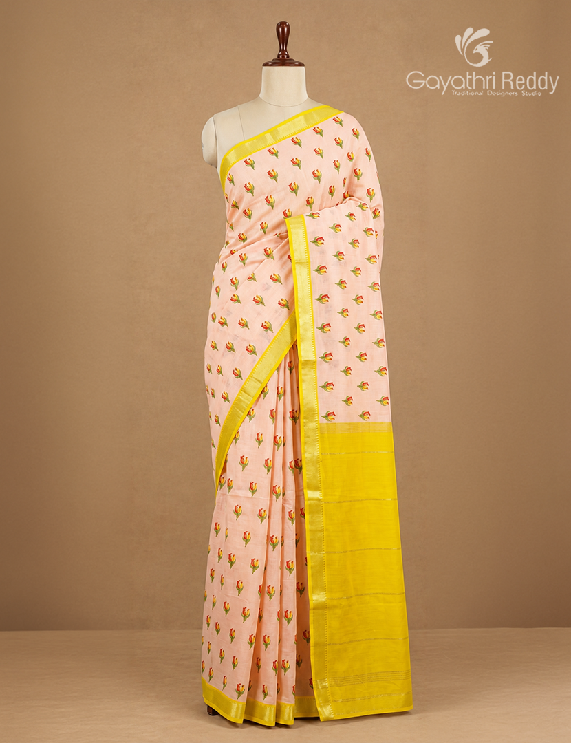 Mangalagiri Pattu Saree in Baby Peach and Lime