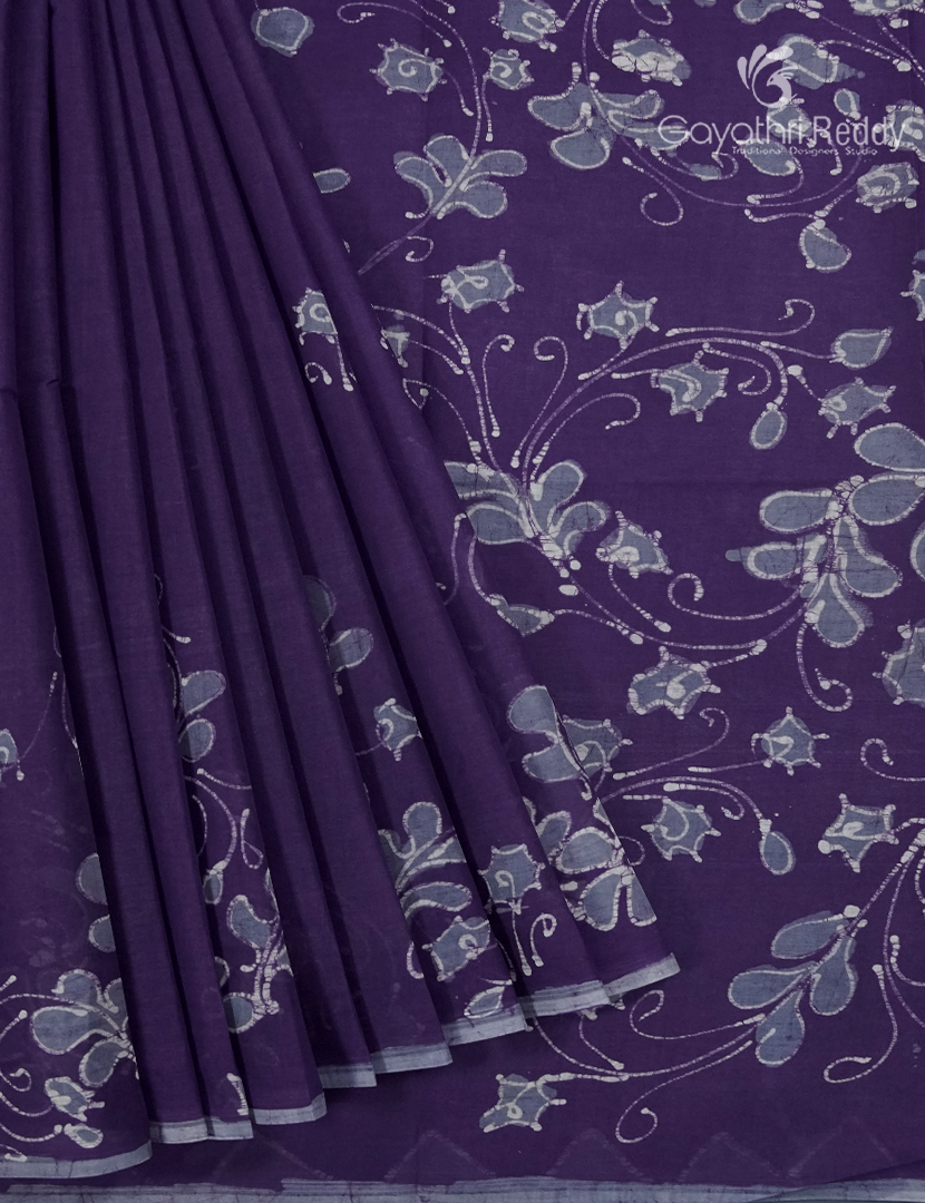 Cotton Batik Print Saree in Deep Violet