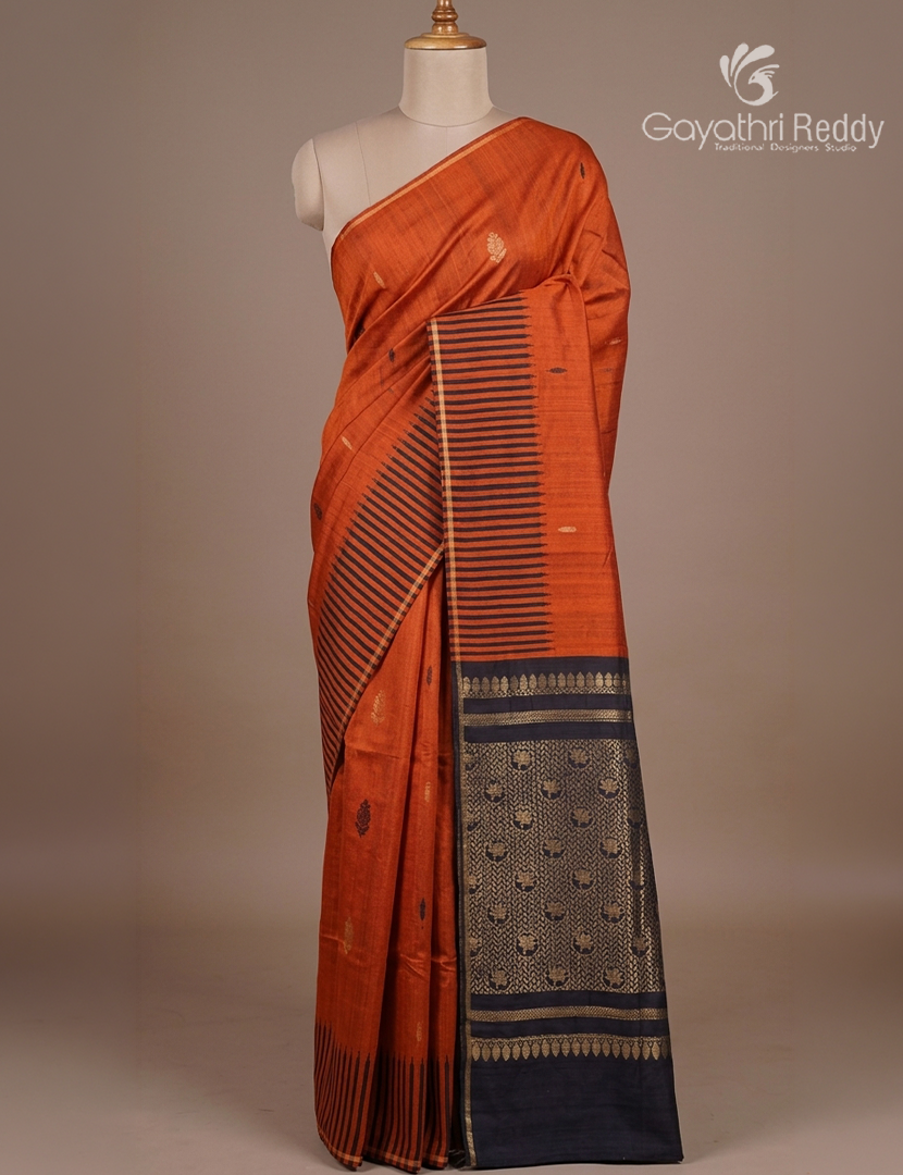 Pure Khadi Pattu Saree in Orange and Deep Elephant Grey