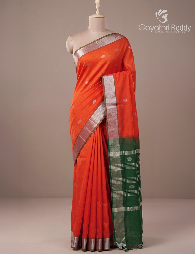 Pure Arani Sico Saree in Orange and Mango Green