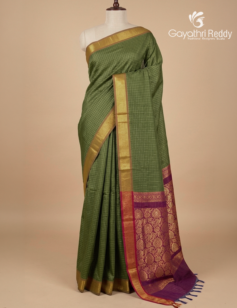 Kanchipuram Sico Saree in Olive Green and Jamun