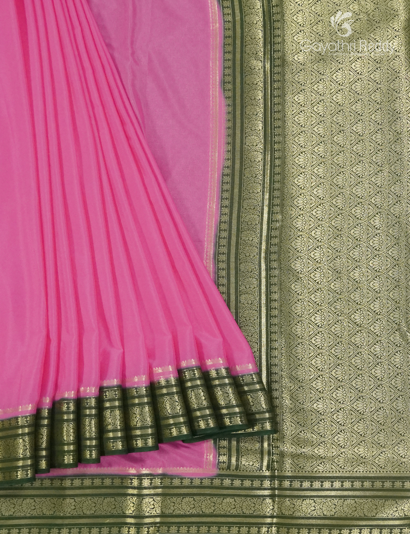 Semi Mysore Crepe Saree in Baby Pink and Bottle Green