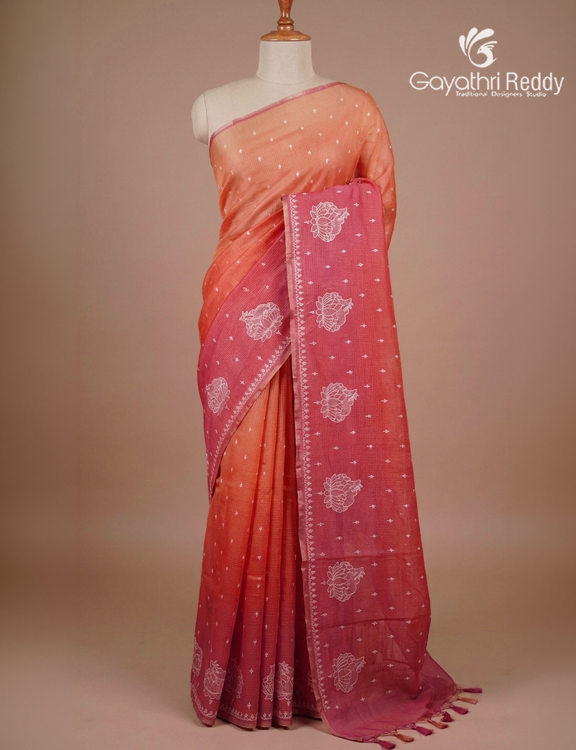 Silk Kota Saree in Orange and Peach Pink