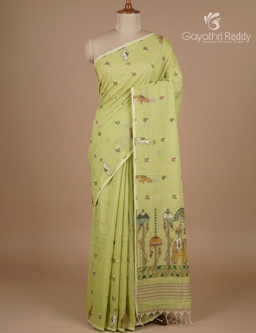 Jamdani Cotton Saree in Apple Green