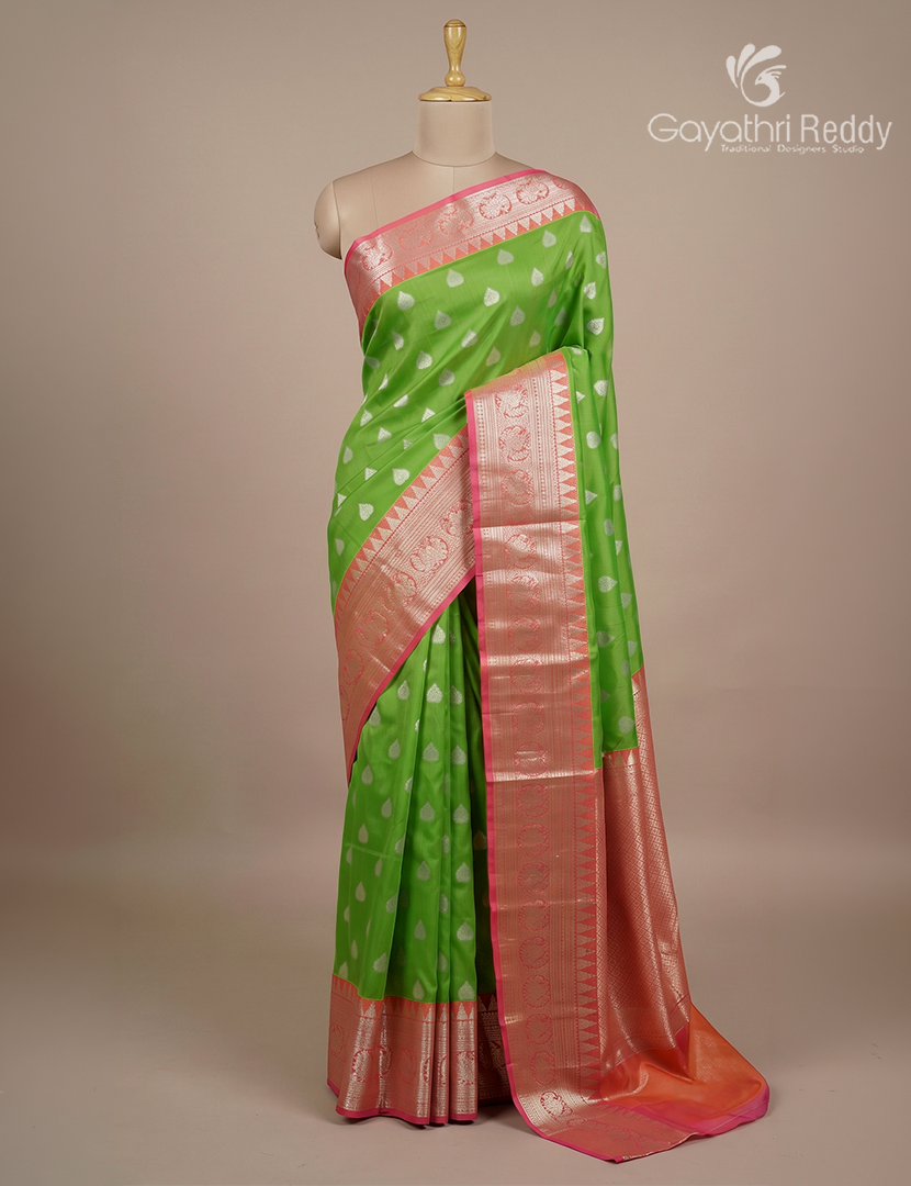 Pure Venkatagiri Silk Saree in Parrot Green and Orange