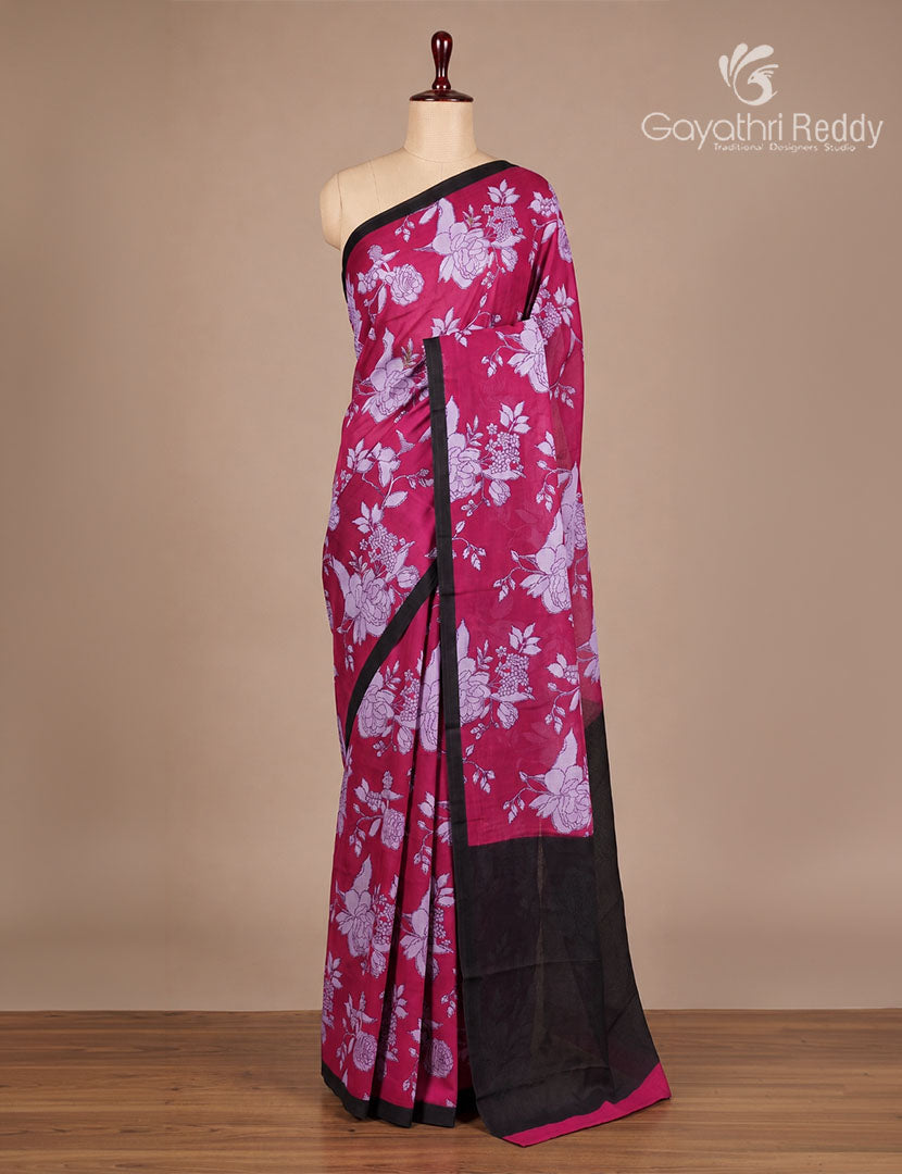 Pure MulMul Cotton Saree in Deep Magenta and Black