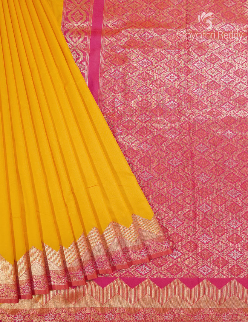 Semi Kanchipuran Silk Saree in Yellow and  Rani Pink