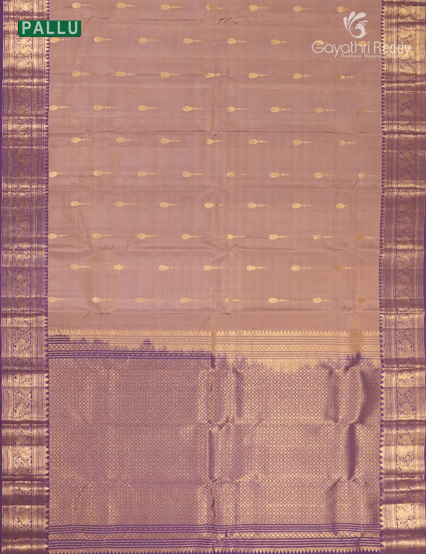 Pure Kanchipuram Vintage Silk Saree ( Medium Border ) in Light Peach and Purple and