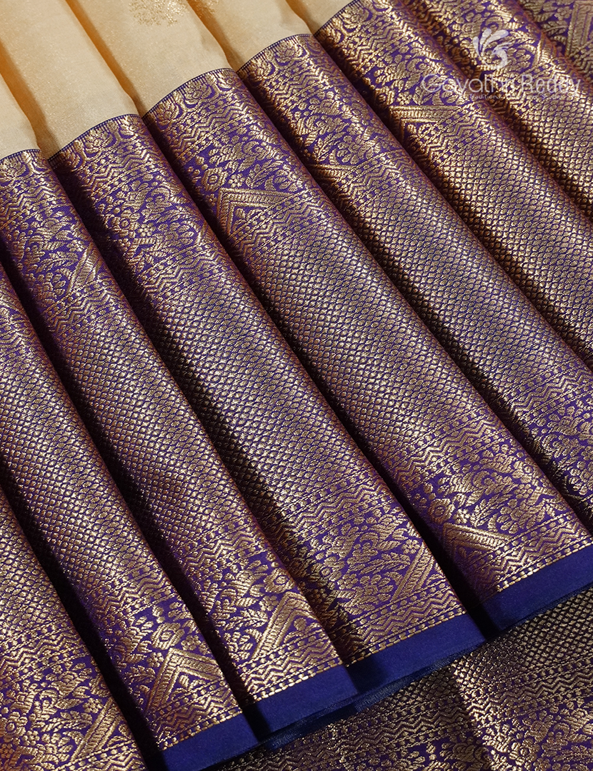 Semi Kanchipuram Silk Saree in Golden Cream and Navy Blue