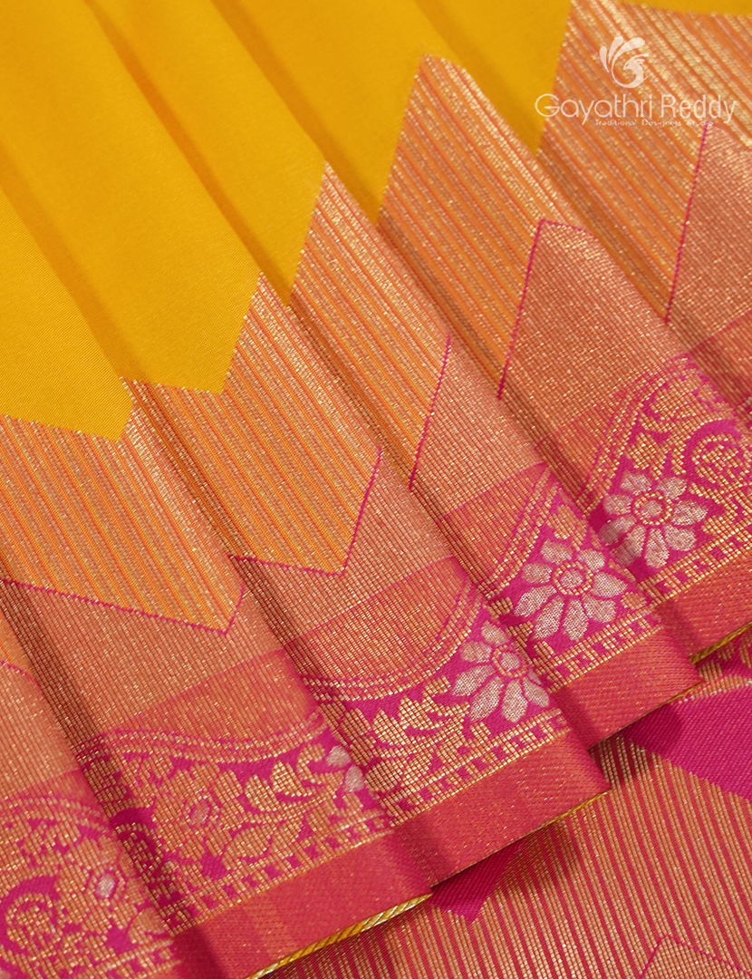 Semi Kanchipuran Silk Saree in Yellow and  Rani Pink