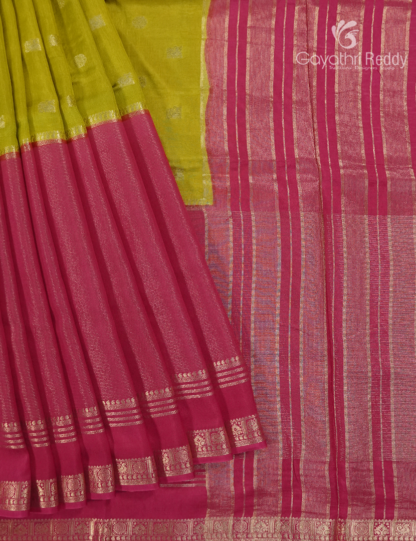 Semi Mysore Crepe Saree in Lime Green and Rose Pink