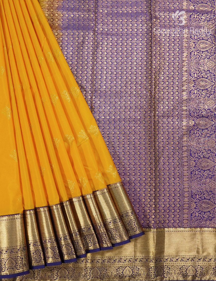Semi Kanchipuram Silk Saree in Deep Yellow and Deep Purple