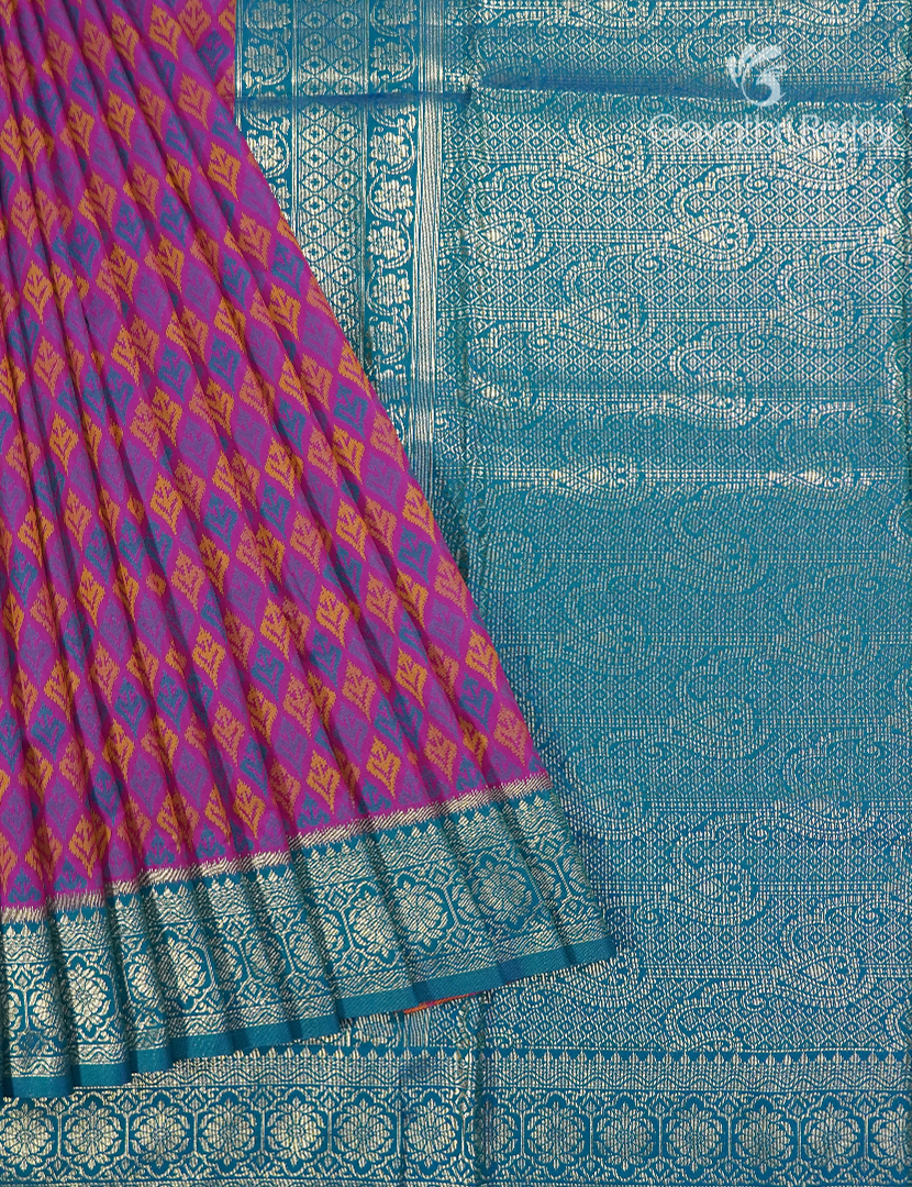 Semi Kanchipuran Silk Saree in Deep Magenta and  Rama Blue