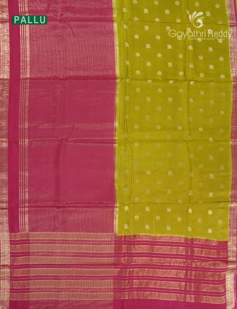 Semi Mysore Crepe Saree in Lime Green and Rose Pink
