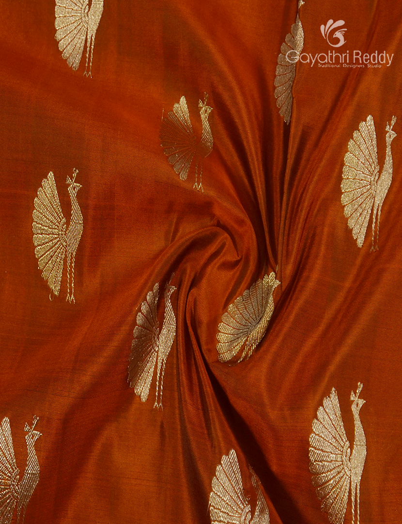 Pure Venkatagiri Silk Saree in Deep Rust and Mango Gree