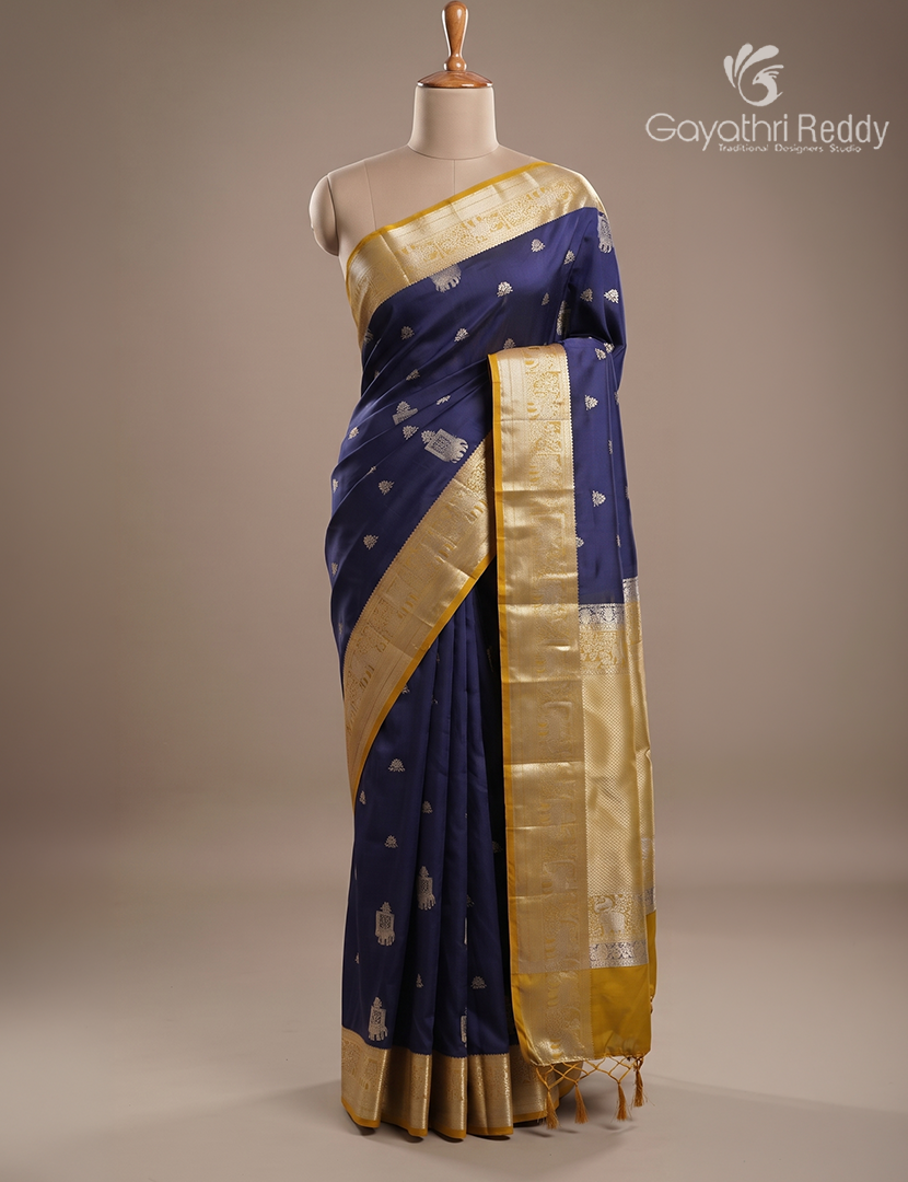 Soft Silk Saree in Deep Navy Blue and Dry Mehendi