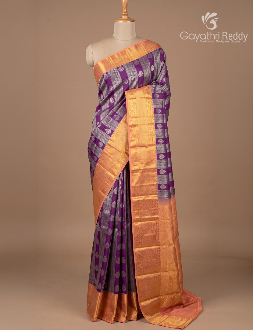 Pure Kanchipuram Silk Saree in Violet and Sandalwood