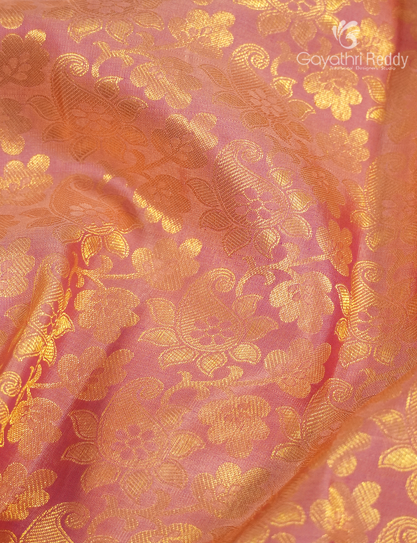 Pure Kanchipuram Silk Bridal Saree in Peach and Rani Pink
