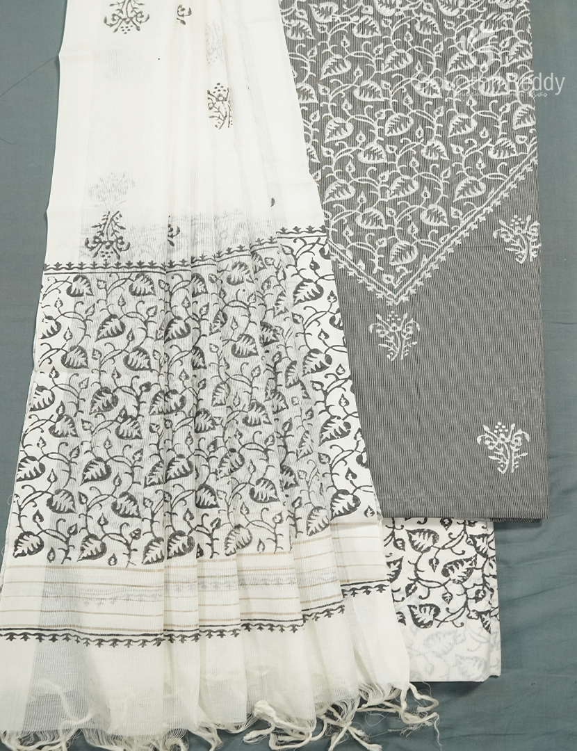 Cotton Dress Material in Ash Grey and Cream