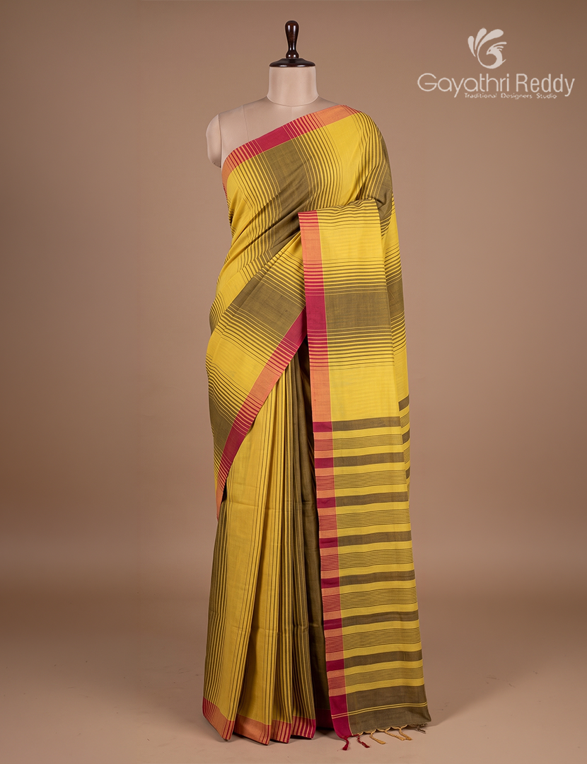 Pure Handloom Cotton Saree in Khakhi Green and Deep Olive